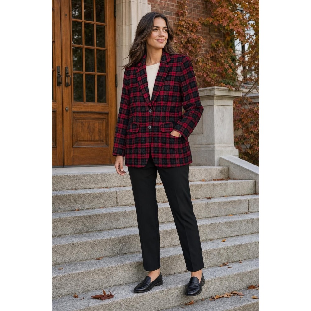 Harris Wallace Wool Plaid Blazer Women's M Red Black Two Button Classic Academia